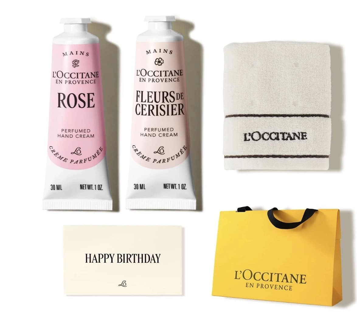 Set quà tặng kem dưỡng tay L’OCCITANE Rose & Cherry Blossom 30ml × 2, kèm khăn và thiệp sinh nhật — ảnh 2