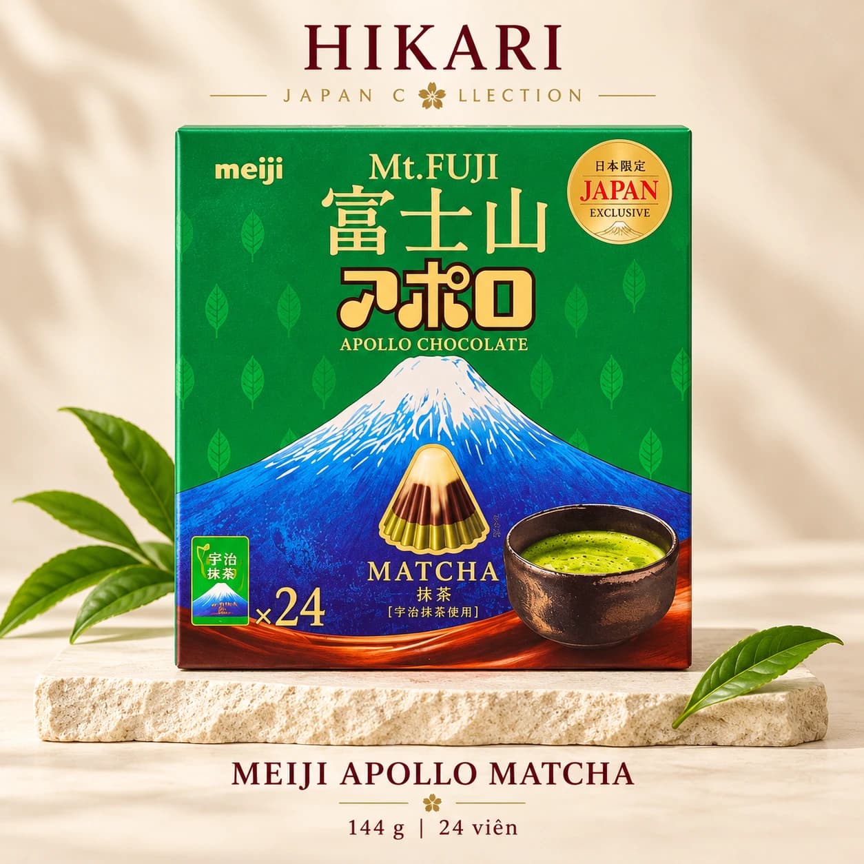 Socola Meiji Apollo núi Phú Sĩ vị matcha 144 g — Hộp 24 viên — ảnh 1